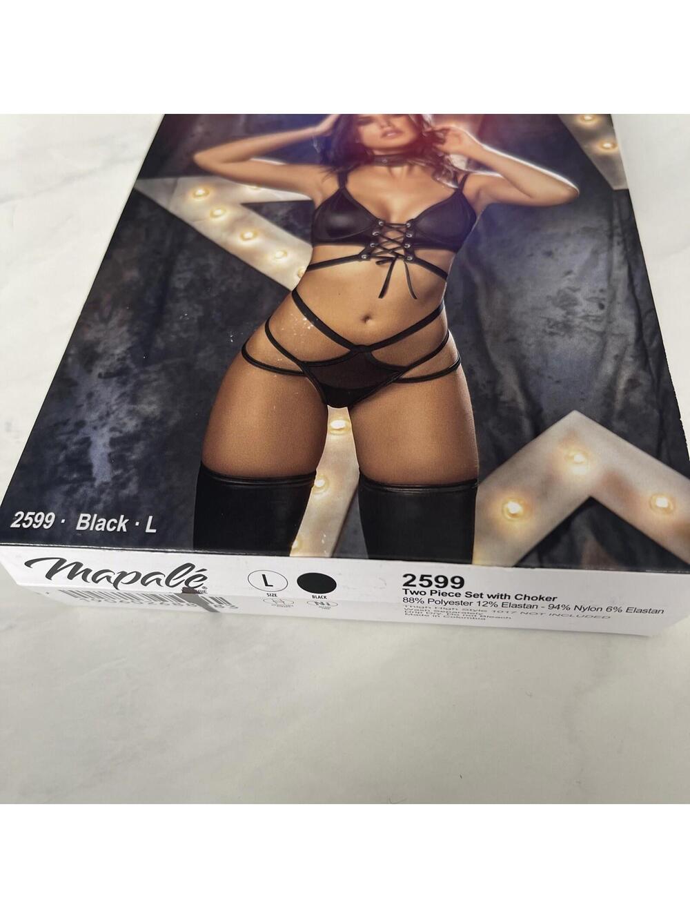 2 PCS Mapale Black Strappy Underwired Wet Look Bra & Panty Lingerie Size L 2599 - Picture 2 of 5